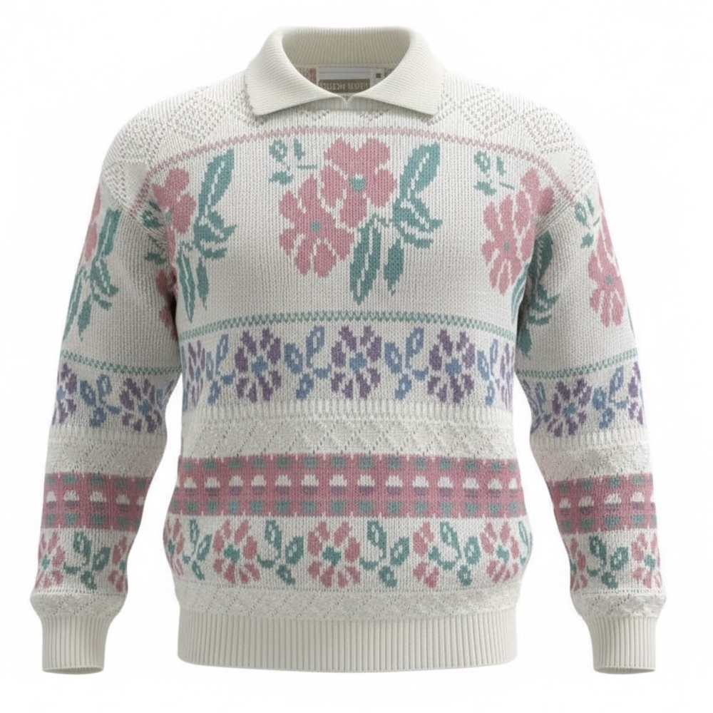 Vtg Season Ticket Floral Knit Sweater Women M White Pink Purple Green Made USA